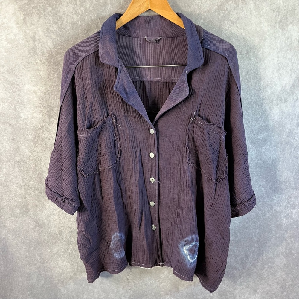 POL Button Shirt Women Medium Purple Tie Dye Pattern Collared Distressed Blouse